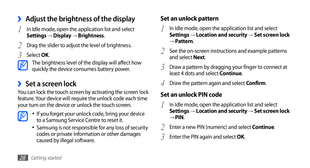 Samsung GT-S5830OKIKSA, GT-S5830OKIAFG, GT-S5830OKISKZ manual ›› Adjust the brightness of the display, ›› Set a screen lock 