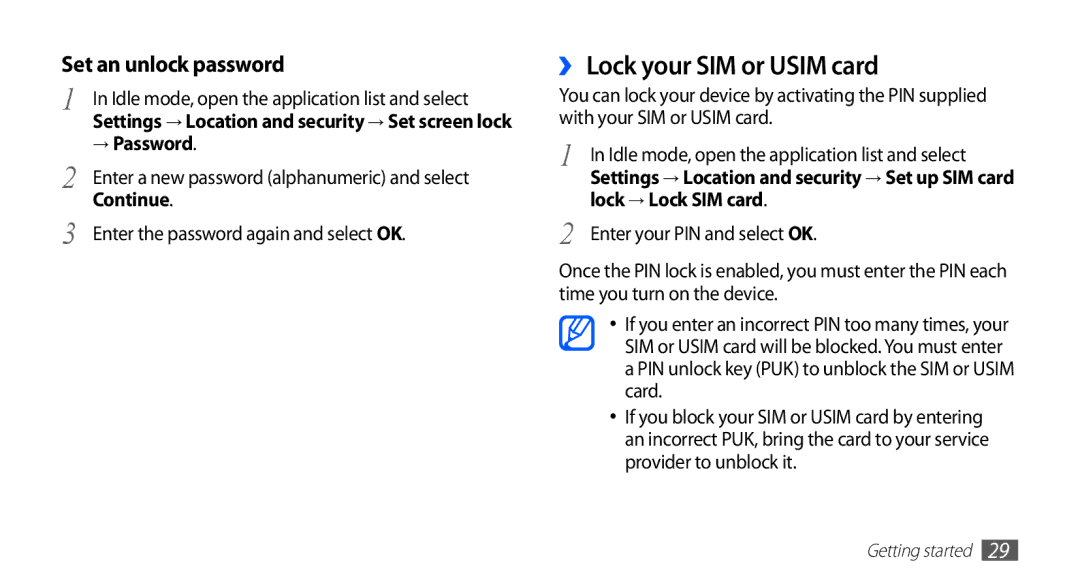 Samsung GT-S5830OKIPAK, GT-S5830OKIAFG manual ›› Lock your SIM or Usim card, → Password, Continue, Lock → Lock SIM card 