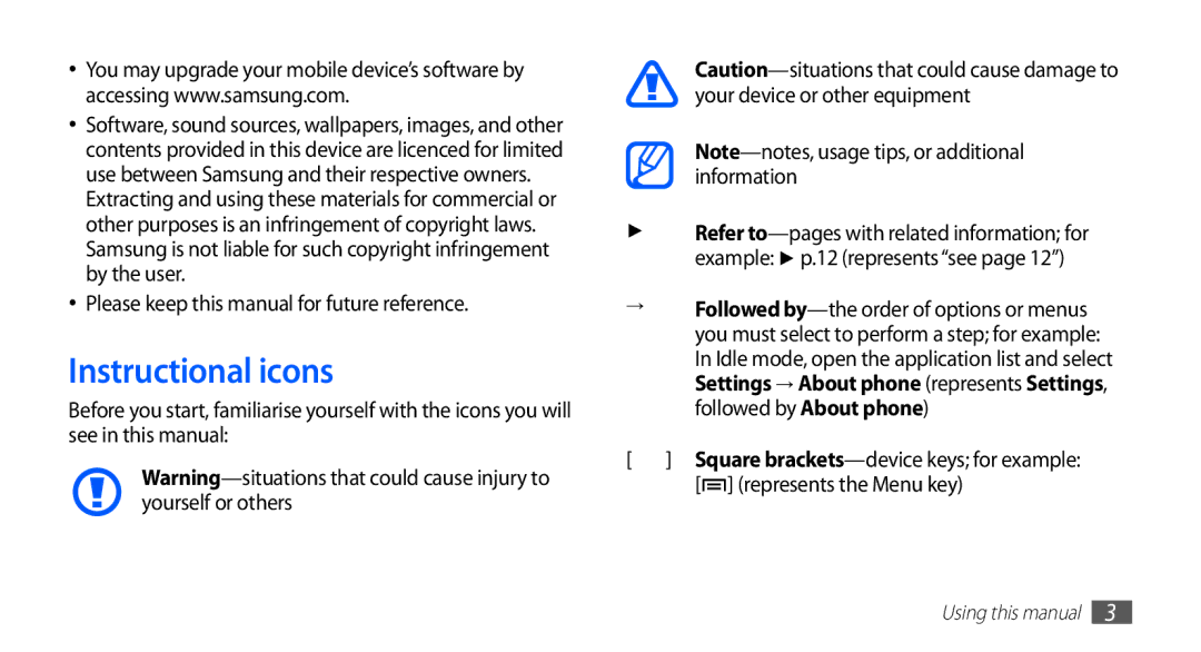 Samsung GT-S5830RWIPAK, GT-S5830OKIAFG, GT-S5830OKISKZ Instructional icons, Please keep this manual for future reference 