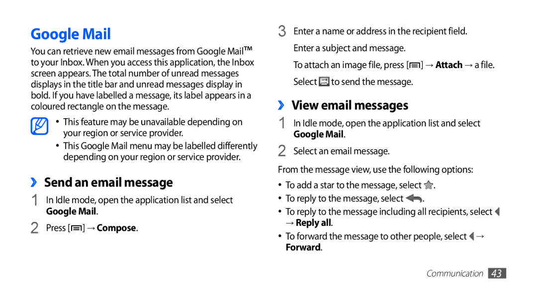 Samsung GT-S5830XKIXSG, GT-S5830OKIAFG manual Google Mail, ›› Send an email message, ›› View email messages, → Reply all 