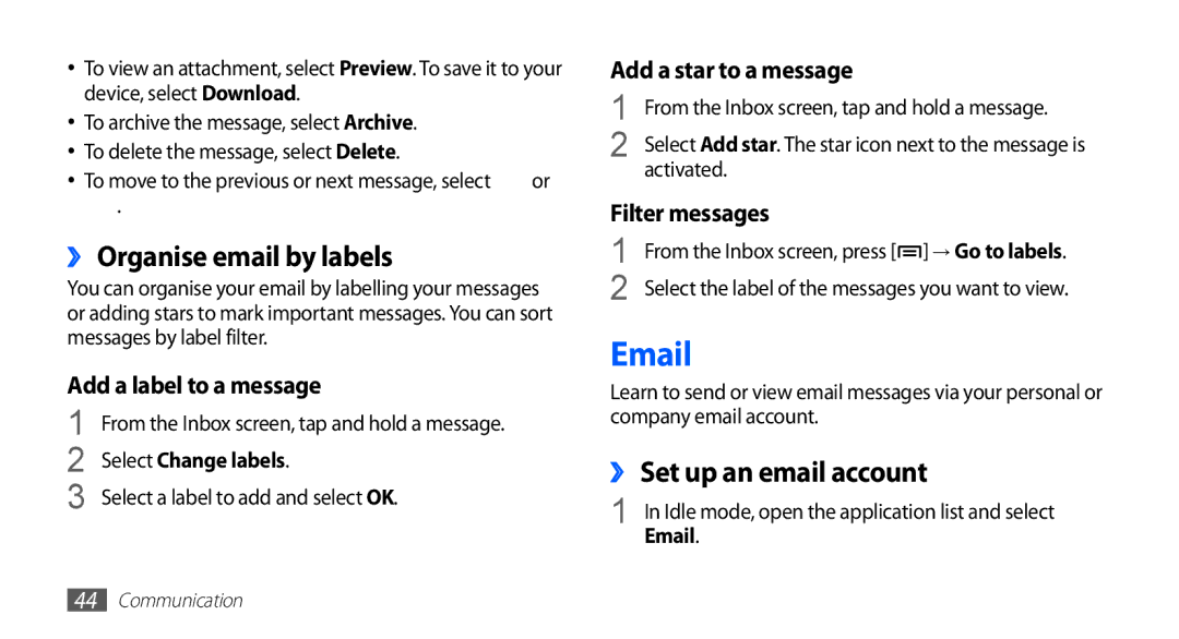 Samsung GT-S5830UWIXEV manual ›› Organise email by labels, ›› Set up an email account, Select Change labels, Activated 