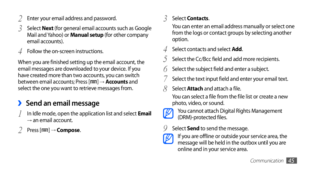 Samsung GT-S5830OKIXEV manual Enter your email address and password, Email accounts, Follow the on-screen instructions 