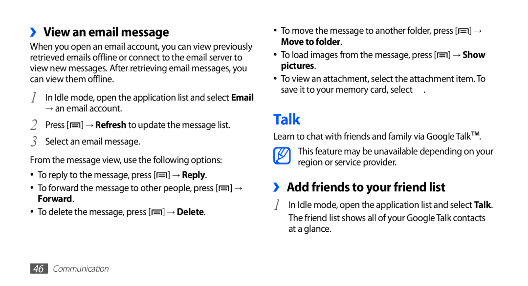 Samsung GT-S5830OKIXXV manual Talk, ›› View an email message, ›› Add friends to your friend list, → an email account 
