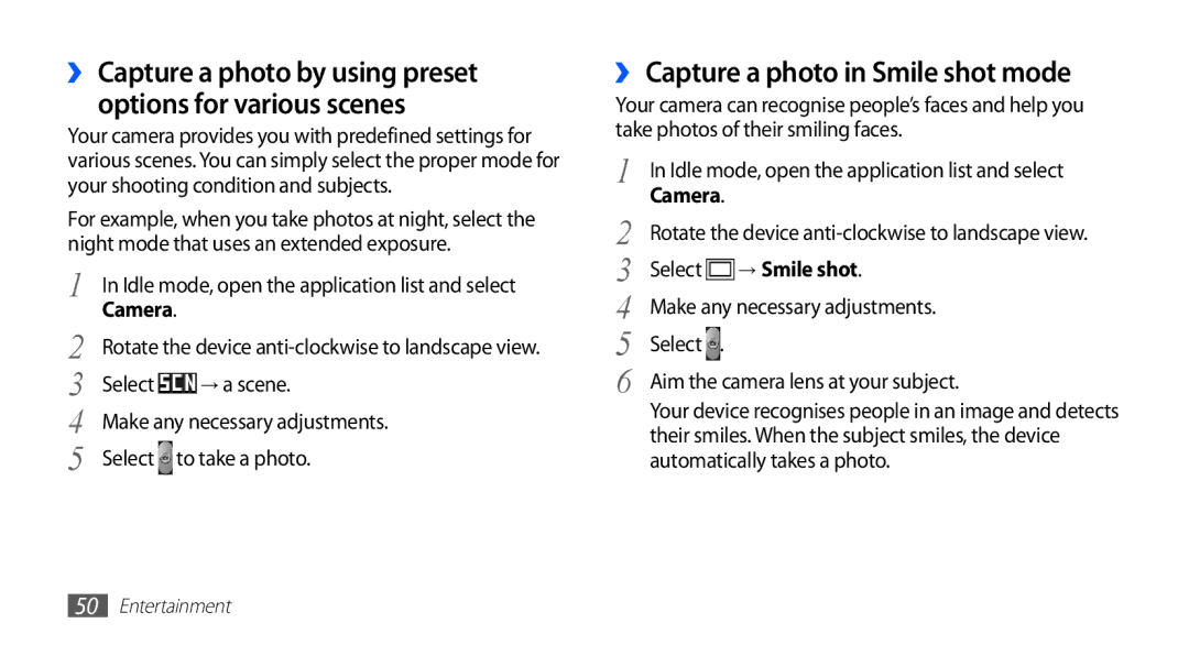 Samsung GT-S5830OKIAFG, GT-S5830OKISKZ manual ›› Capture a photo in Smile shot mode, Make any necessary adjustments 