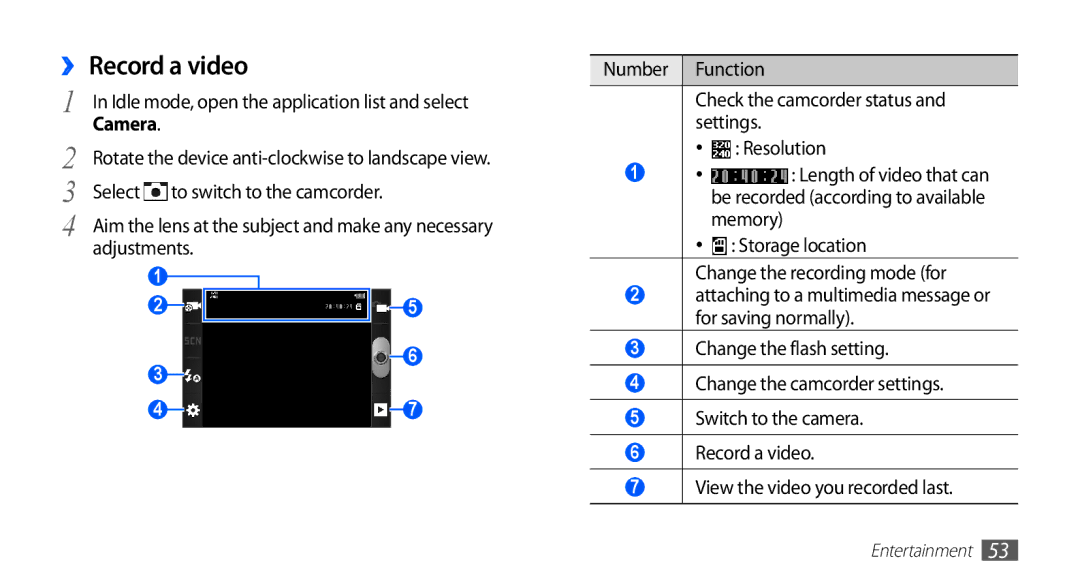 Samsung GT-S5830RWIPAK, GT-S5830OKIAFG, GT-S5830OKISKZ ›› Record a video, Storage location Change the recording mode for 