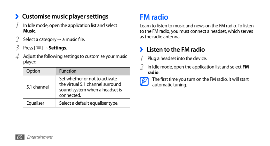 Samsung GT-S5830PPIJED, GT-S5830OKIAFG manual ›› Customise music player settings, ›› Listen to the FM radio, Radio 