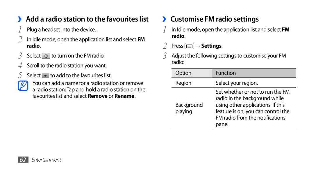 Samsung GT-S5830RWIXSG ›› Customise FM radio settings, Radio Option Function Region Select your region, Background, Panel 