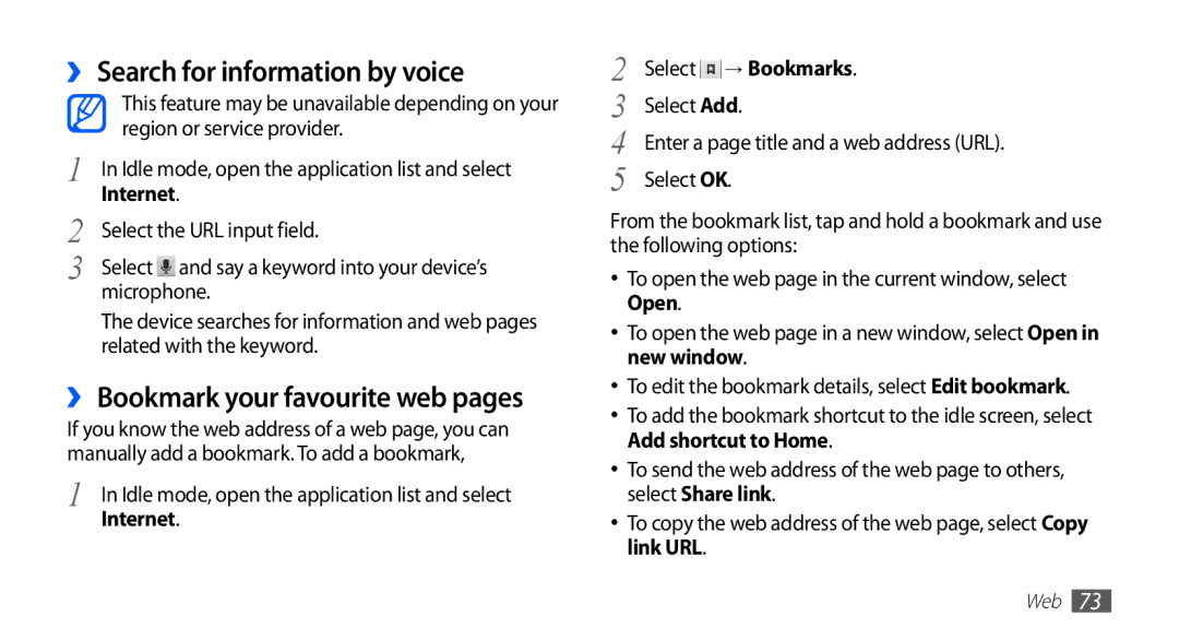 Samsung GT-S5830OKIXFE manual ›› Search for information by voice, ›› Bookmark your favourite web pages, Select → Bookmarks 