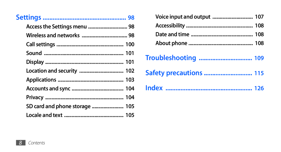 Samsung GT-S5830OKIEGY, GT-S5830OKIAFG, GT-S5830OKISKZ, GT-S5830PPIEGY Settings, Troubleshooting, Safety precautions, Index 