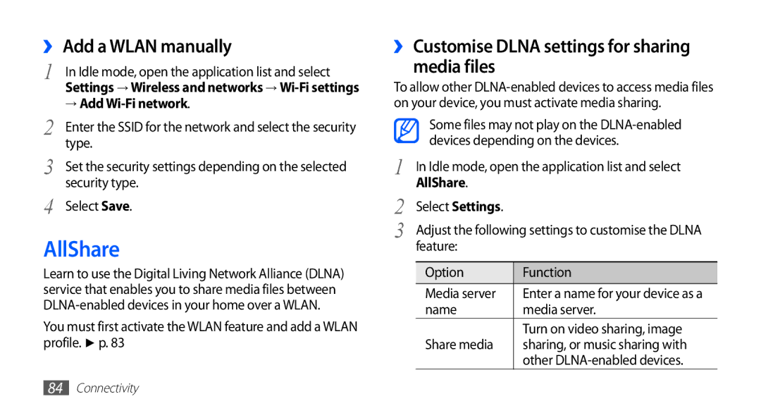 Samsung GT-S5830RWIAFR AllShare, ›› Add a Wlan manually, ›› Customise Dlna settings for sharing Media files 