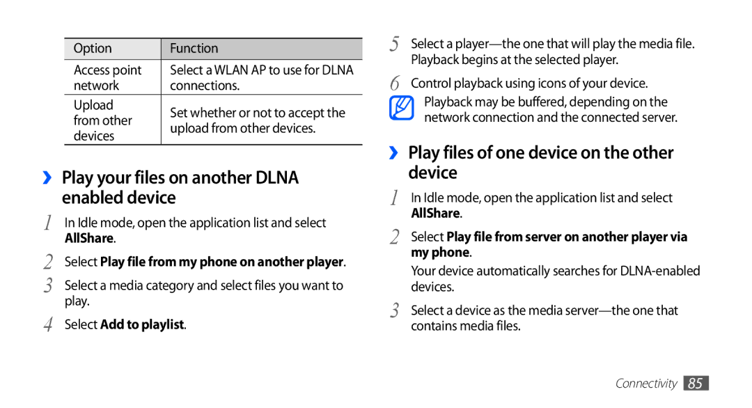 Samsung GT-S5830RWIEGY ›› Play your files on another Dlna enabled device, ›› Play files of one device on the other device 