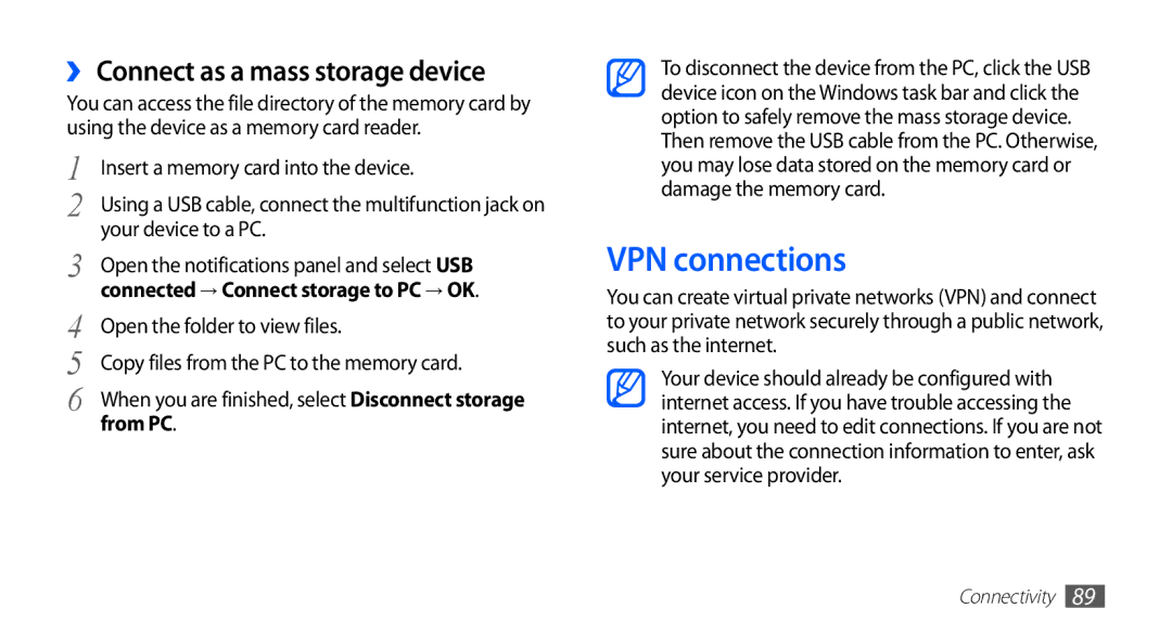 Samsung GT-S5830RWIKSA, GT-S5830OKIAFG, GT-S5830OKISKZ, GT-S5830PPIEGY VPN connections, ›› Connect as a mass storage device 