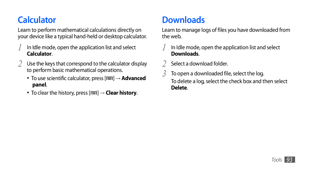 Samsung GT-S5830XKIXSG, GT-S5830OKIAFG manual Calculator, Downloads, To perform basic mathematical operations, Panel 