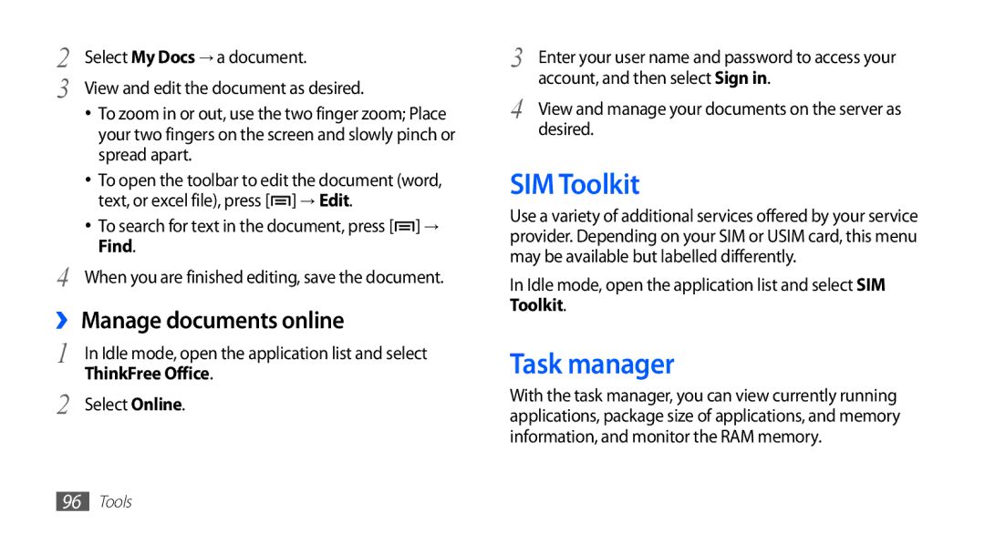 Samsung GT-S5830OKIXXV, GT-S5830OKIAFG, GT-S5830OKISKZ manual SIM Toolkit, Task manager, ›› Manage documents online, Find 