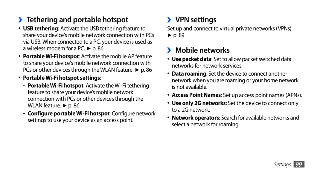 Samsung GT-S5830UWIXXV, GT-S5830OKIAFG manual ›› Tethering and portable hotspot, ›› VPN settings, ›› Mobile networks 