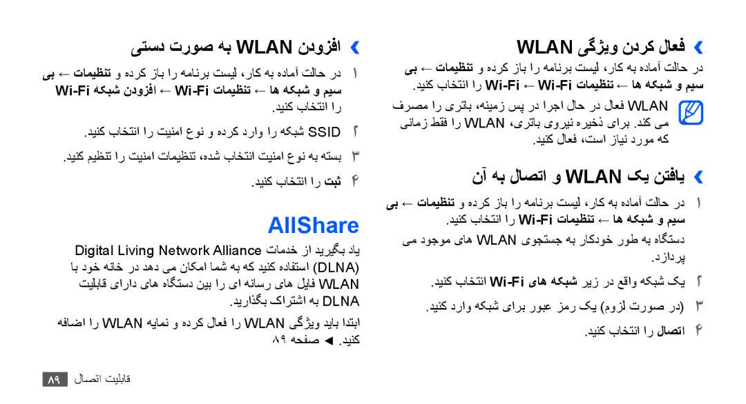 Samsung GT-S5830OKISKZ manual AllShare, یتسد تروص هب Wlan ندوزفا››, Wlan یگژیو ندرک لاعف››, نآ هب لاصتا و Wlan کی نتفای›› 