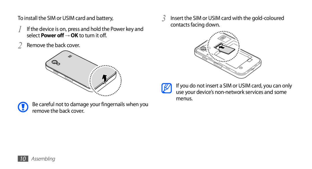 Samsung GT-S5830PPIJED, GT-S5830OKIAFG, GT-S5830OKISKZ, GT-S5830PPIEGY manual To install the SIM or USIM card and battery 