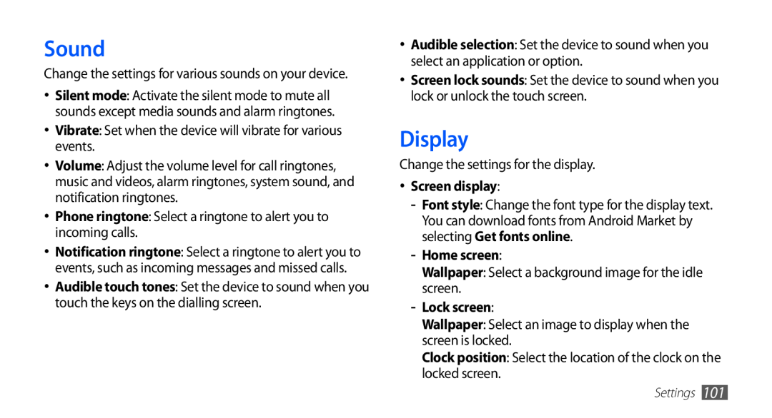 Samsung GT-S5830OKISKZ, GT-S5830OKIAFG, GT-S5830PPIEGY manual Sound, Display, Screen display, Home screen, Lock screen 