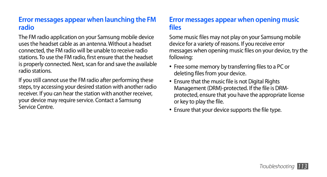 Samsung GT-S5830UWISKZ Error messages appear when launching the FM radio, Error messages appear when opening music files 