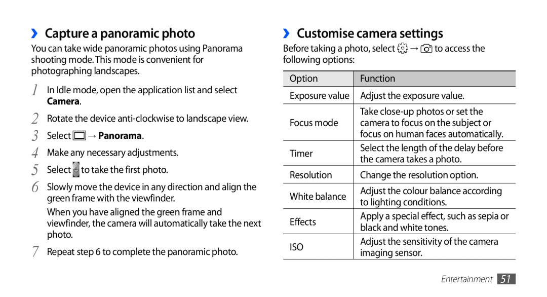 Samsung GT-S5830OKISKZ, GT-S5830OKIAFG manual ›› Capture a panoramic photo, ›› Customise camera settings, Camera, → Panorama 