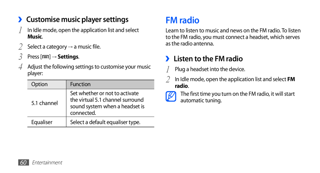 Samsung GT-S5830PPIJED, GT-S5830OKIAFG manual ›› Customise music player settings, ›› Listen to the FM radio, Music 