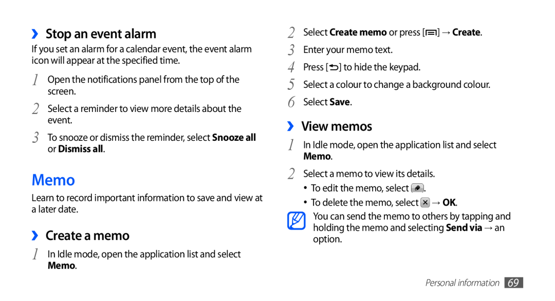 Samsung GT-S5830OKIXSG Memo, ›› Stop an event alarm, ›› Create a memo, ›› View memos, or Dismiss all, Enter your memo text 