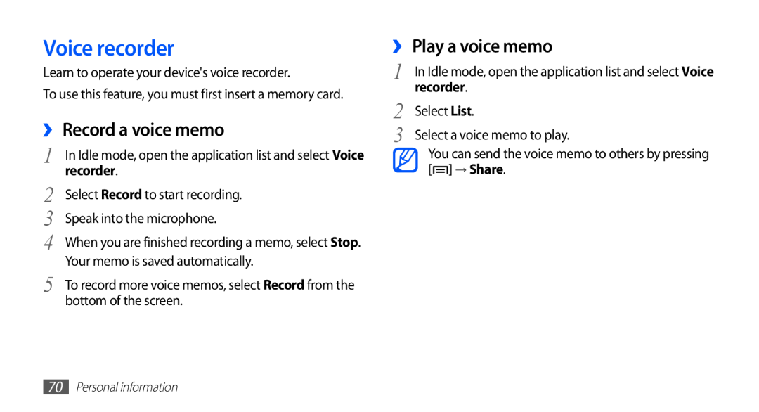 Samsung GT-S5830PPIKSA, GT-S5830OKIAFG, GT-S5830OKISKZ manual Voice recorder, ›› Record a voice memo, ›› Play a voice memo 