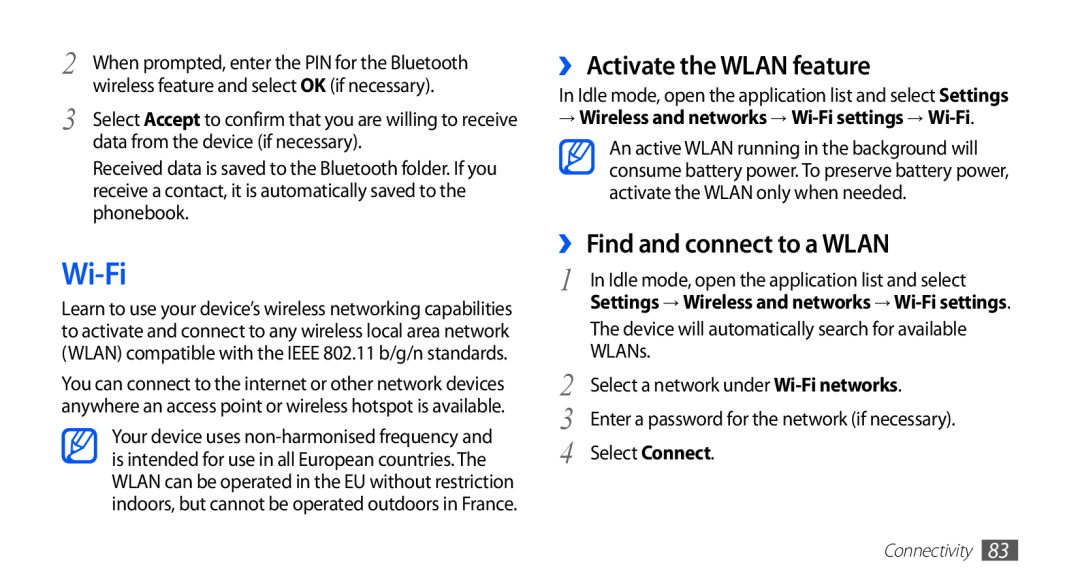Samsung GT-S5830PPITHR, GT-S5830OKIAFG Wi-Fi, ›› Activate the WLAN feature, ›› Find and connect to a WLAN, Connectivity 