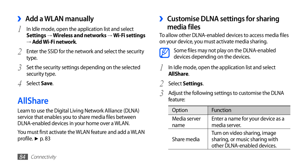 Samsung GT-S5830RWIAFR AllShare, ›› Add a WLAN manually, ›› Customise DLNA settings for sharing media files 