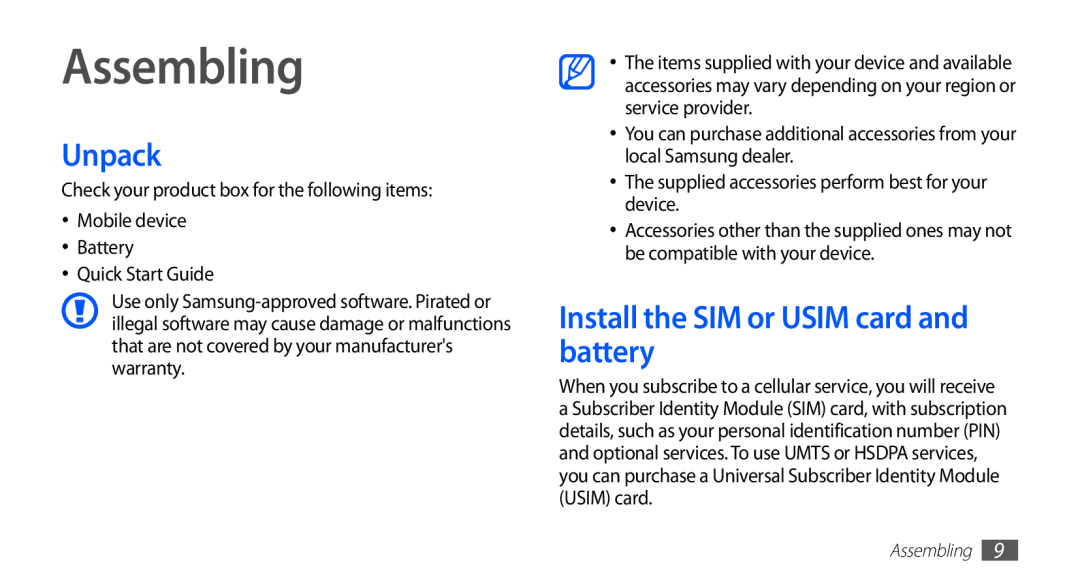 Samsung GT-S5830OKIBTC, GT-S5830OKIAFG, GT-S5830OKISKZ manual Assembling, Unpack, Install the SIM or USIM card and battery 