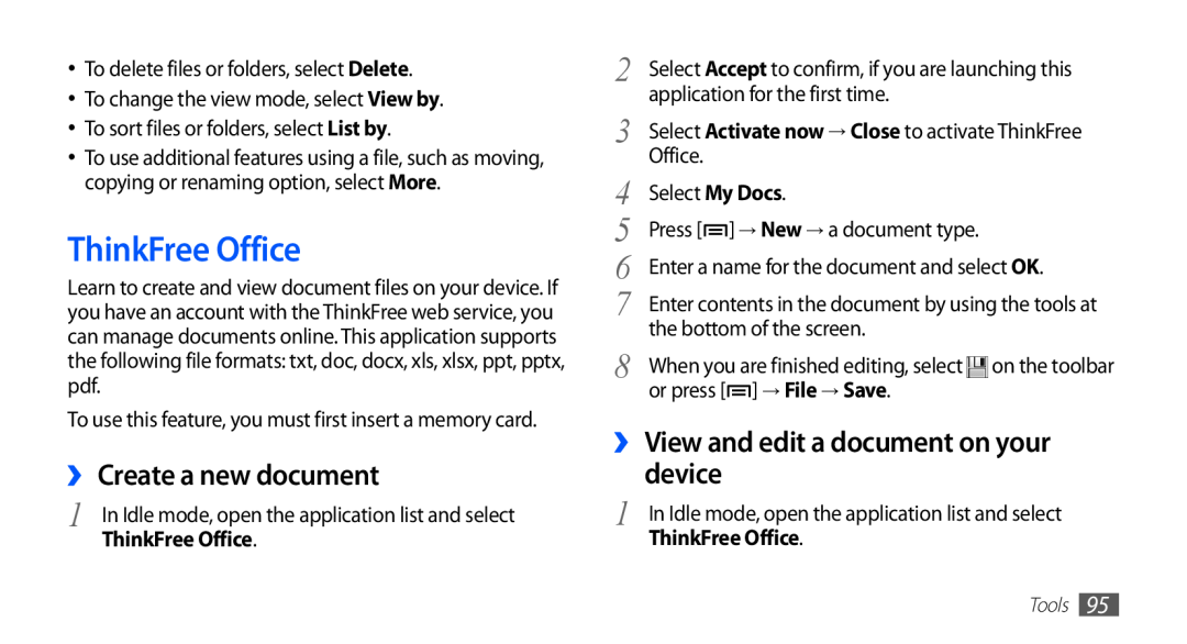 Samsung GT-S5830OKIXEV manual ThinkFree Office, ›› Create a new document, ›› View and edit a document on your device, Tools 