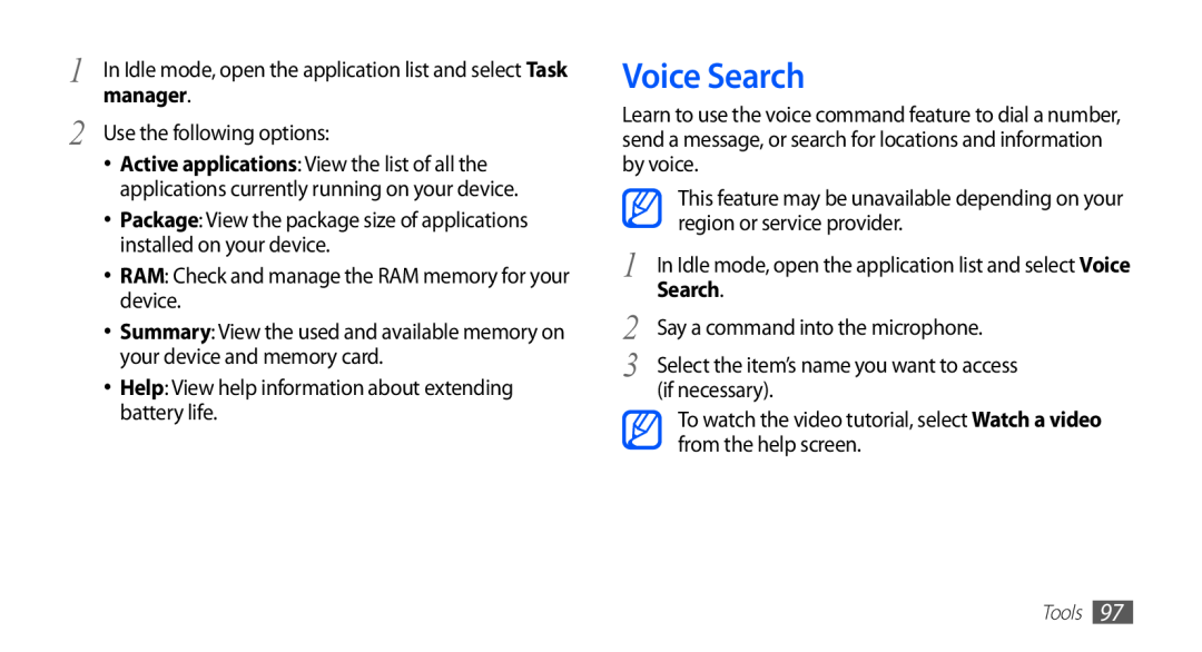 Samsung GT-S5830RWIXXV, GT-S5830OKIAFG manual Voice Search, In Idle mode, open the application list and select Task manager 