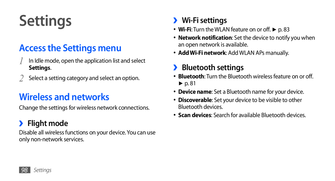 Samsung GT-S5830RWIXEV manual Access the Settings menu, Wireless and networks, ›› Flight mode, ›› Wi-Fi settings 
