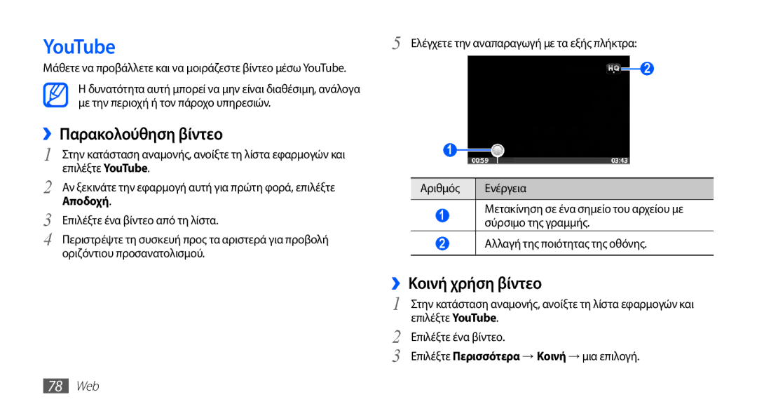 Samsung GT-S5830UWZEUR, GT-S5830OKIEUR, GT-S5830UWZVGR manual YouTube, ››Παρακολούθηση βίντεο, ››Κοινή χρήση βίντεο, 78 Web 