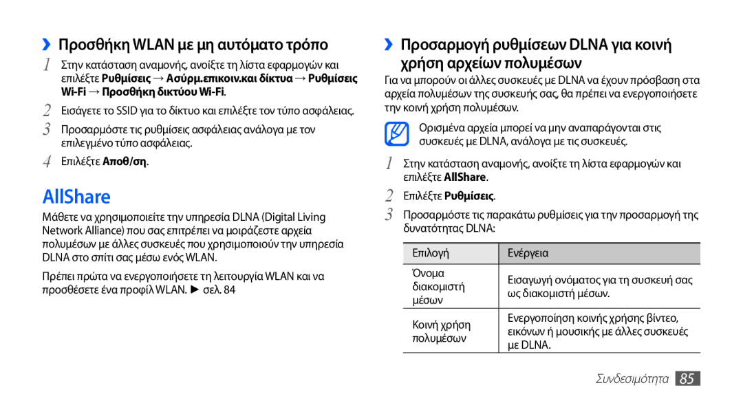 Samsung GT-S5830UWICYO, GT-S5830OKIEUR, GT-S5830UWZVGR, GT-S5830OKICYO manual AllShare, ››Προσθήκη Wlan με μη αυτόματο τρόπο 