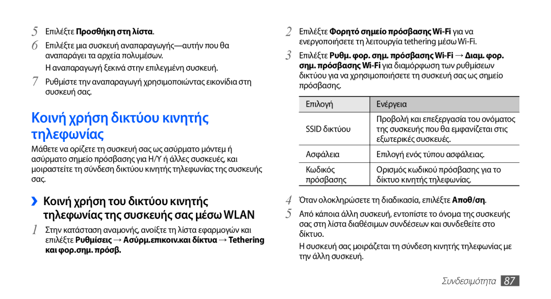 Samsung GT-S5830UWZCYO, GT-S5830OKIEUR manual Κοινή χρήση δικτύου κινητής τηλεφωνίας, Ssid δικτύου, Εξωτερικές συσκευές 