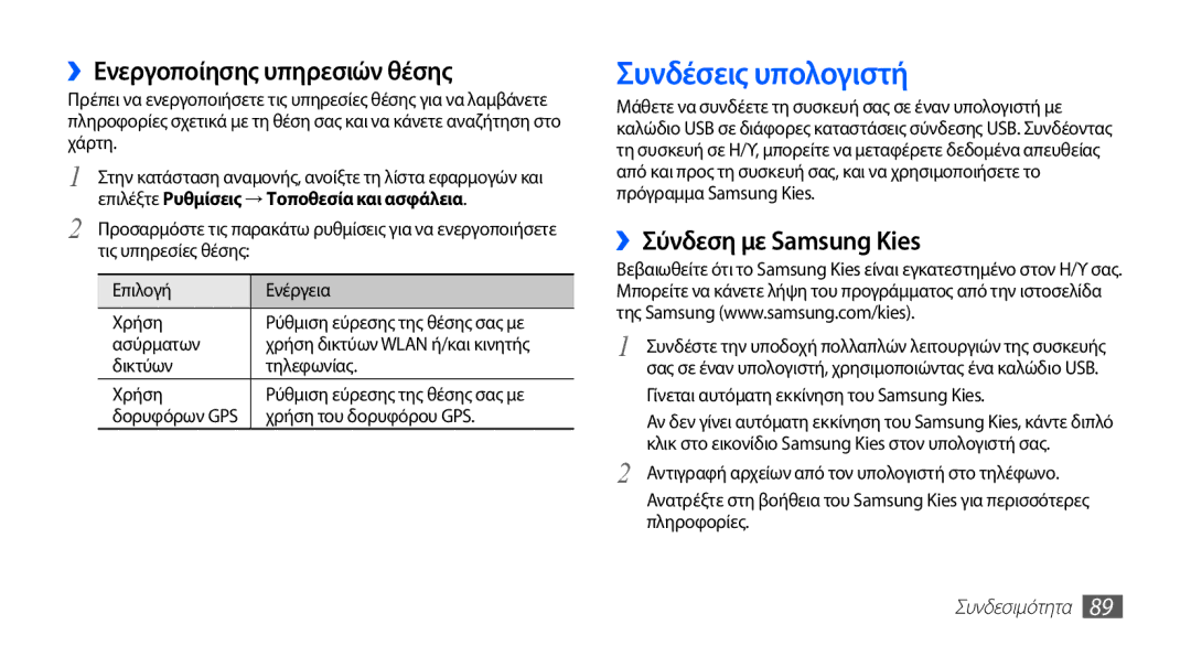 Samsung GT-S5830UWZVGR, GT-S5830OKIEUR Συνδέσεις υπολογιστή, ››Ενεργοποίησης υπηρεσιών θέσης, ››Σύνδεση με Samsung Kies 