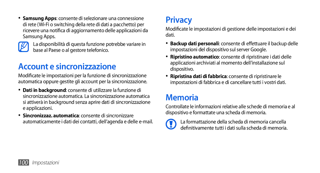 Samsung GT-S5830PPITIM, GT-S5830OKIITV, GT-S5830PPIITV, GT-S5830OKITUR manual Account e sincronizzazione, Privacy, Memoria 