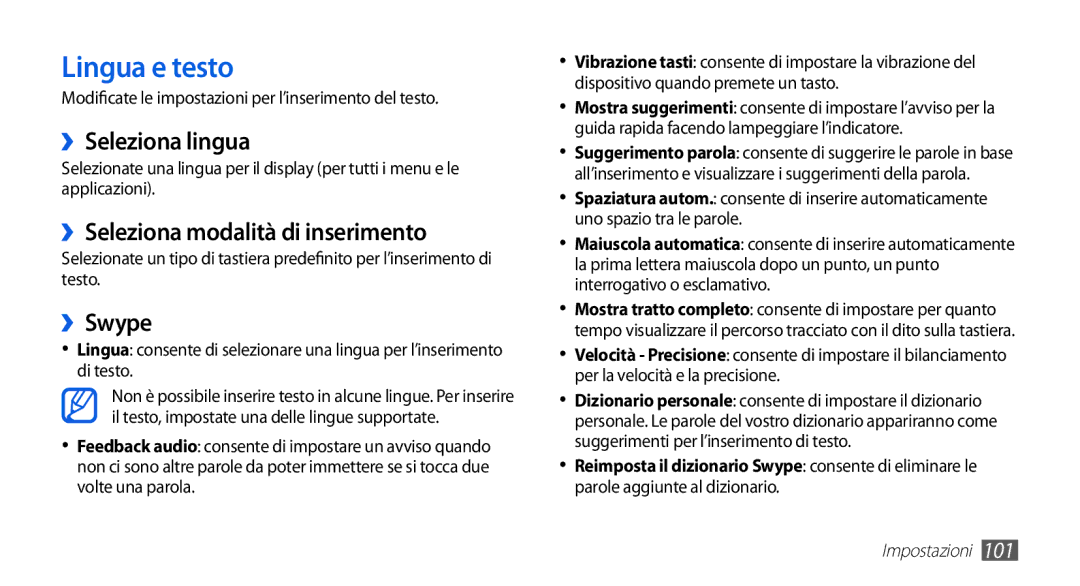 Samsung GT-S5830PPIWIN, GT-S5830OKIITV Lingua e testo, ››Seleziona lingua, ››Seleziona modalità di inserimento, ››Swype 