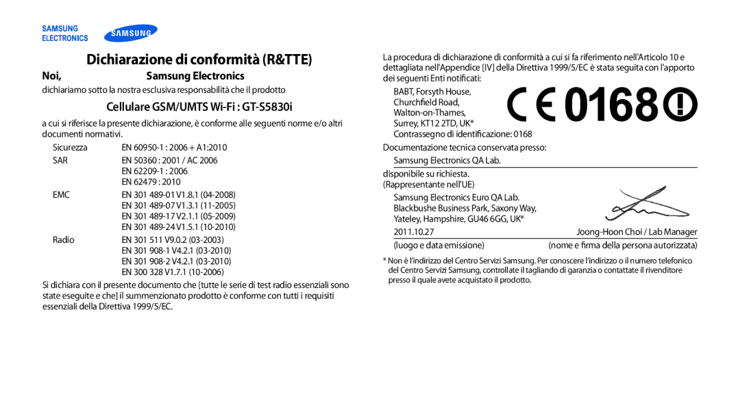 Samsung GT-S5830OKIOMN, GT-S5830OKIITV, GT-S5830PPIITV, GT-S5830OKITUR manual Cellulare GSM/UMTS Wi-Fi GT-S5830i, Emc 