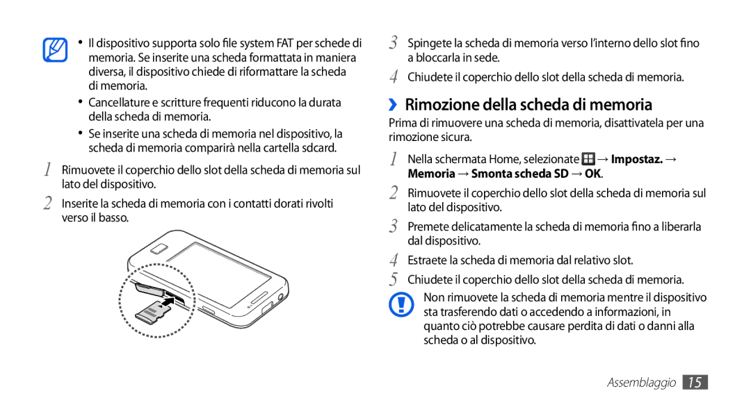 Samsung GT-S5830XKIOMN manual ››Rimozione della scheda di memoria, Memoria → Smonta scheda SD → OK, Lato del dispositivo 