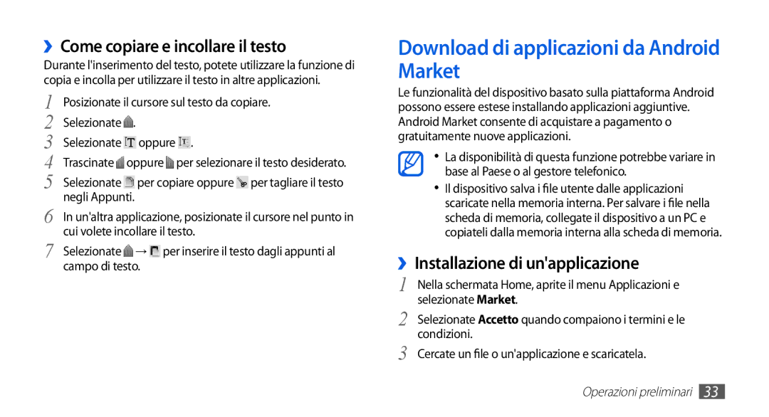 Samsung GT-S5830OKIORS, GT-S5830OKIITV Download di applicazioni da Android Market, ››Come copiare e incollare il testo 