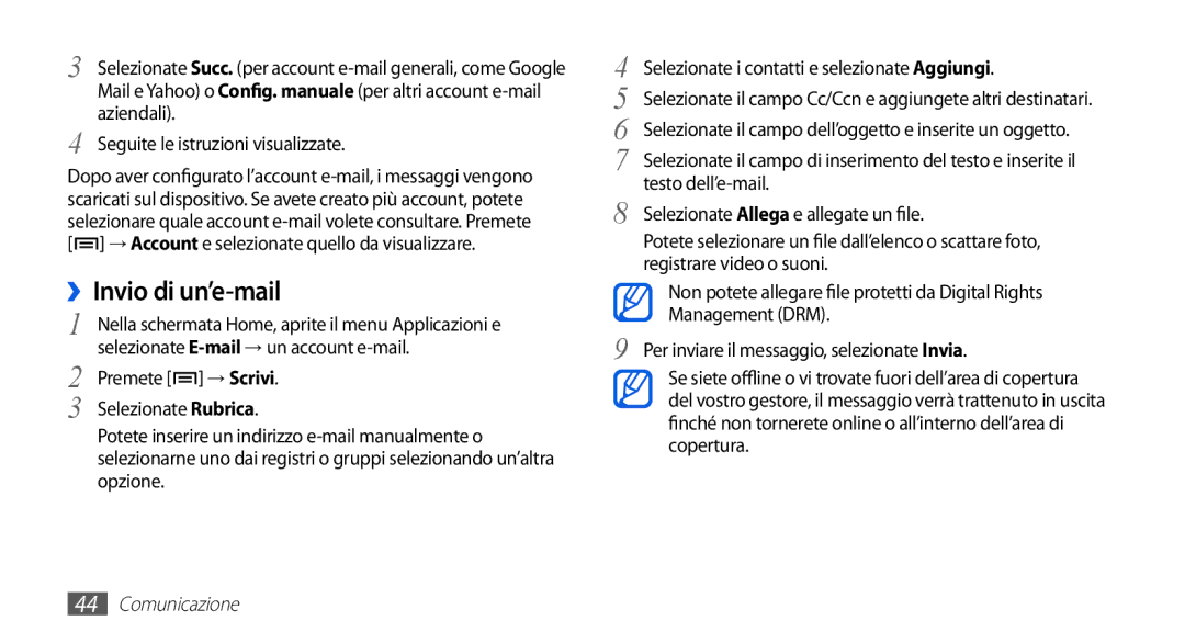 Samsung GT-S5830PPIWIN Testo dell’e-mail, Selezionate Allega e allegate un file, Registrare video o suoni, Management DRM 