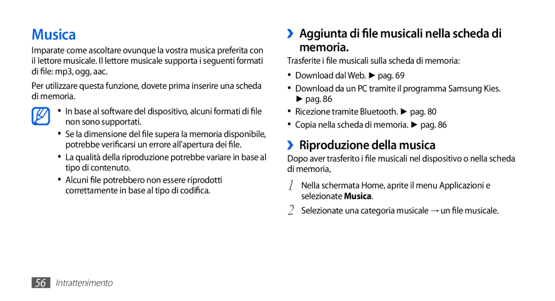 Samsung GT-S5830OKITIM, GT-S5830OKIITV, GT-S5830PPIITV manual Musica, Memoria, ››Riproduzione della musica, Nella scheda di 