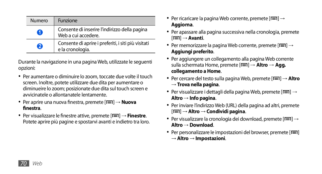 Samsung GT-S5830RWITIM, GT-S5830OKIITV, GT-S5830PPIITV manual → Nuova, Finestra, → Trova nella pagina, → Altro → Impostazioni 