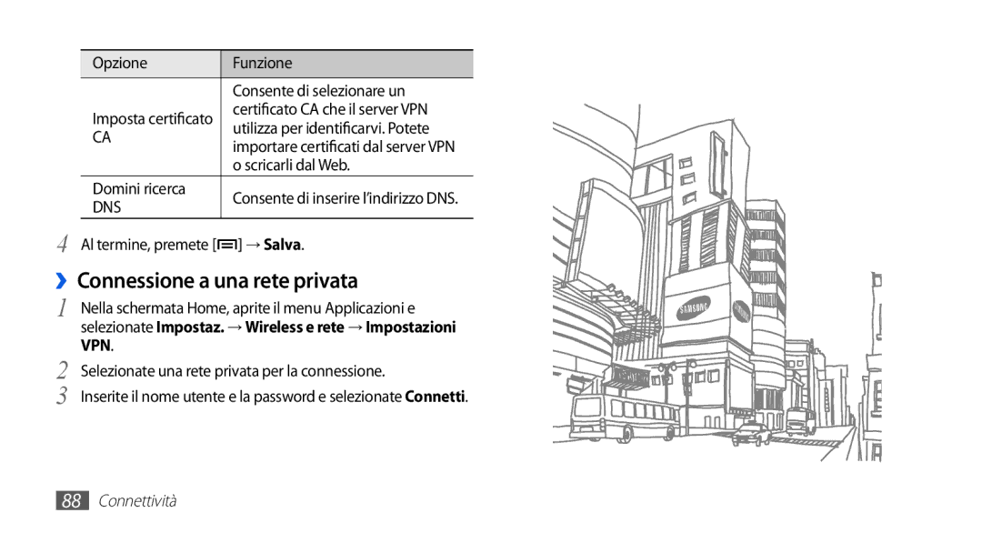 Samsung GT-S5830OKIOMN manual ››Connessione a una rete privata, Opzione Funzione Consente di selezionare un, Domini ricerca 