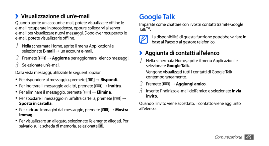 Samsung GT-S5830XKIWIN manual Google Talk, ››Visualizzazione di un’e-mail, ››Aggiunta di contatti all’elenco, Comunicazione 