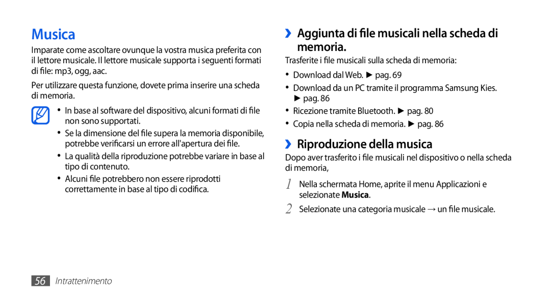 Samsung GT-S5830OKITIM manual Musica, memoria, ››Riproduzione della musica, ››Aggiunta di file musicali, nella scheda di 