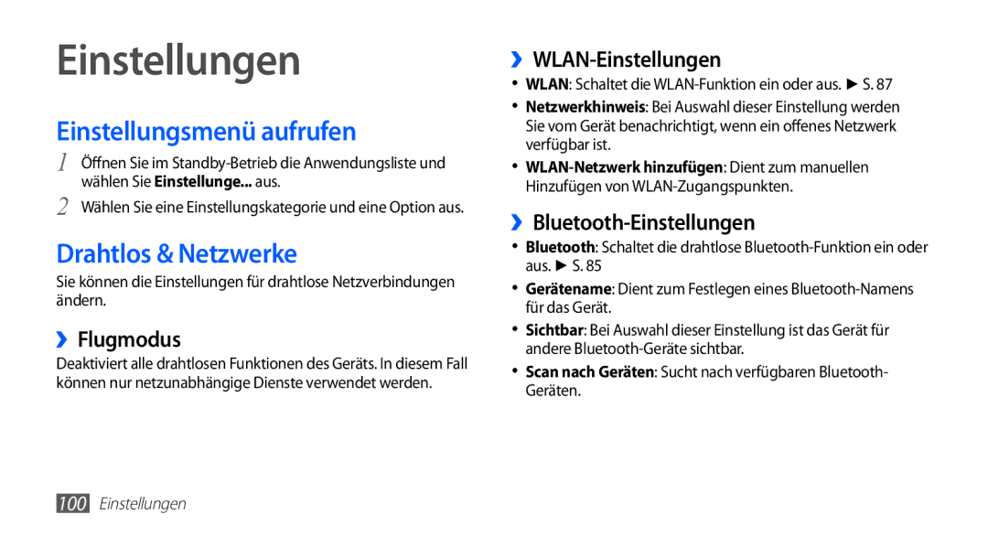 Samsung GT-S5830OKAVIT, GT-S5830OKZDBT, GT-S5830OKYXEG manual Einstellungen, Einstellungsmenü aufrufen, Drahtlos & Netzwerke 