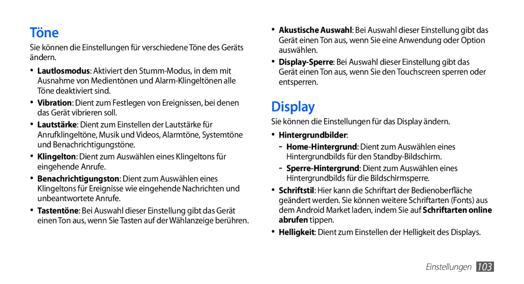 Samsung GT-S5830RWATUR, GT-S5830OKZDBT Töne, Sie können die Einstellungen für das Display ändern, Hintergrundbilder 